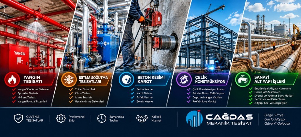 Çağdaş Mekanik Tesisat hizmetleri: yangın tesisatı, ısıtma soğutma tesisatları, beton kesimi ve karot, çelik konstrüksiyon, sanayi altyapı işleri